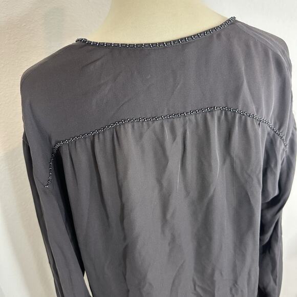Vince Silk Tunic Blouse Large Long Sleeve V-Neck Top Minimalist Chic Grey Beaded - Picture 11 of 12
